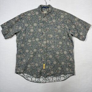 BD Baggie Button Down Short Sleeve Shirt Men L Green Ramie Paisley Bandana AOP